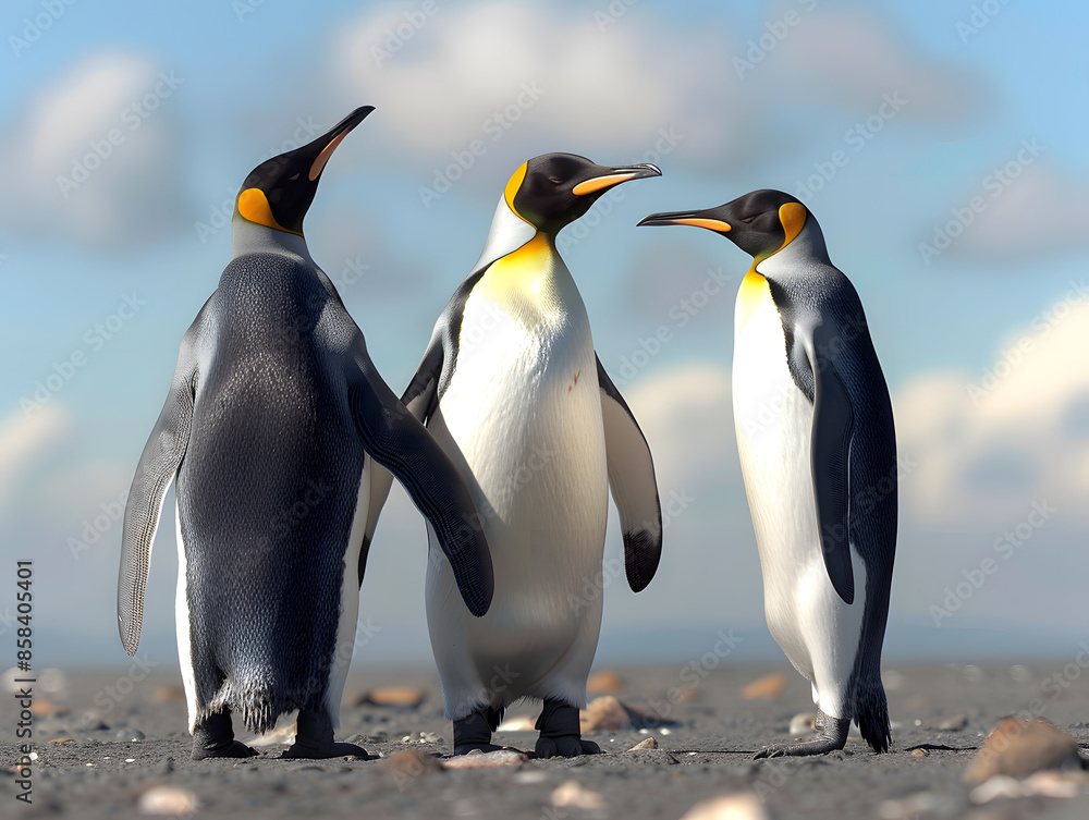 Fototapeta premium Three penguins are standing together