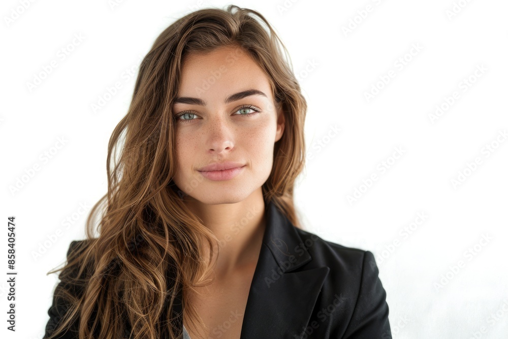 Headshot On White Background. Pensive Businessperson in Black Jacket. Young Adult Successful Entrepreneur Portrait Headshot On White Background. Pensive Businessperson in Black Jacket. Young Adult Successful Entrepreneur Portrait