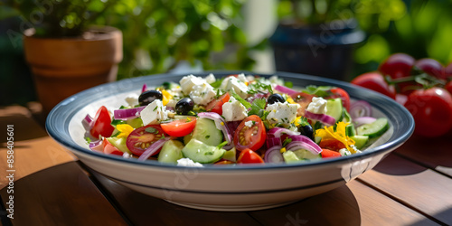 Close up of a fresh salad plate with mixed greens, cherry tomatoes, cucumber, feta cheese and olives