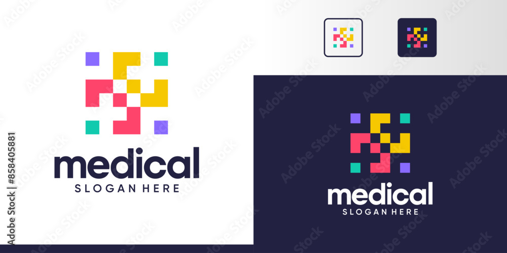 Medical Tech Logo Design. Cross logo with digital pixel colorful logo design graphic symbol icon vector Medical Tech Logo Design. Cross logo with digital pixel colorful logo design graphic symbol icon vector