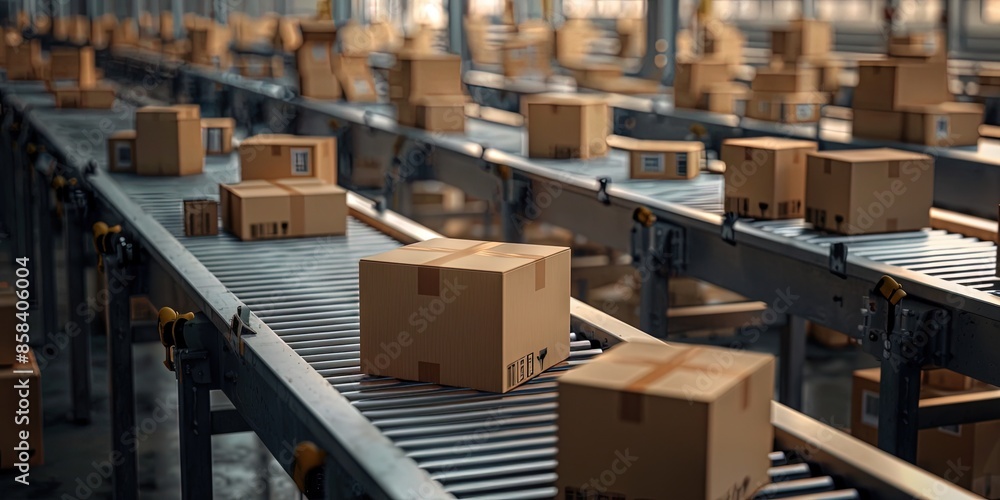 cardboard box packages seamlessly moving along a conveyor belt in a warehouse cardboard box packages seamlessly moving along a conveyor belt in a warehouse