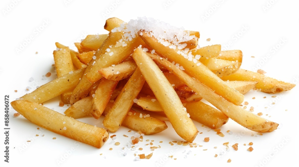 Salted crispy golden french fry pile isolated on white background.