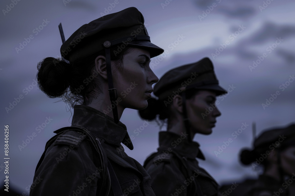 Fototapeta premium Silhouetted soldiers in dark uniforms stand at attention as the sun sets, casting an atmospheric, moody glow over the scene, conveying discipline and resolve.