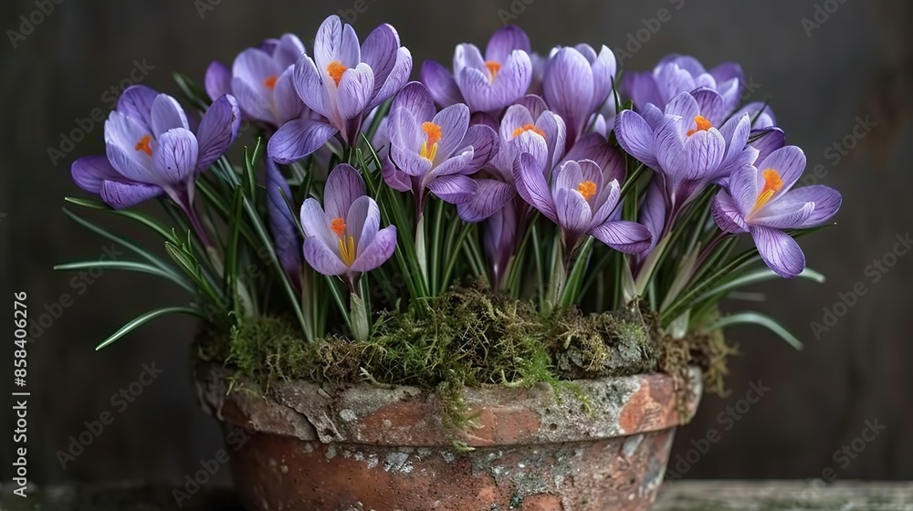 A pot brimming with purple blossoms atop a wooden desk beside a planter filled with purple blooms A pot brimming with purple blossoms atop a wooden desk beside a planter filled with purple blooms