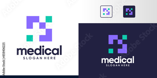 Medical Tech Logo Design. Cross logo with digital pixel colorful logo design graphic symbol icon vector
