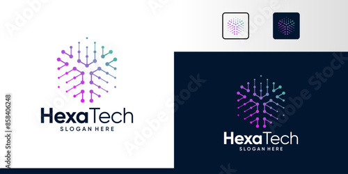 Technology connection logo design with hexagon shape design graphic symbol icon vector