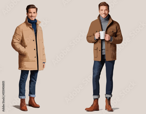 Character with Coffee Wears Cozy Layers, Like Turtleneck Shirt, Jacket, Paired With Jeans Or Chinos And Stylish Boots
