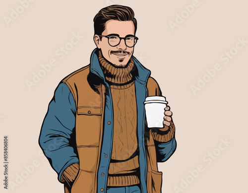 Character with Coffee Wears Cozy Layers, Like Turtleneck Shirt, Jacket, Paired With Jeans Or Chinos And Stylish Boots
