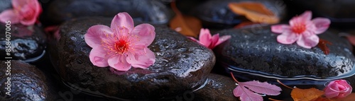 Tranquil pink petals adorn serene spa stones, evoking a sense of calm and relaxation.