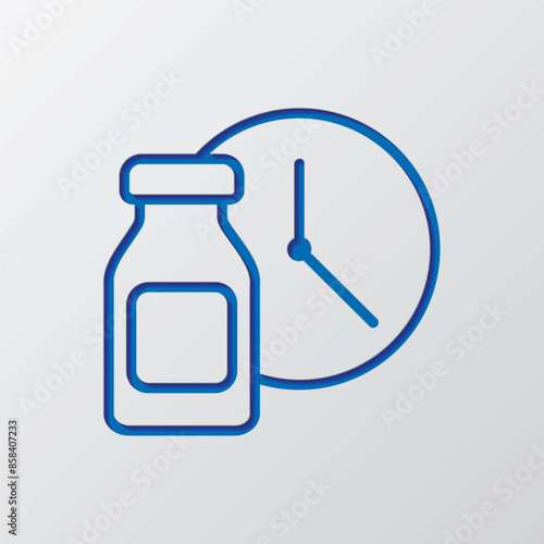 Vial bottle, vaccination time simple icon vector. Flat design. Paper cut design. Cutted blue symbol with shadow. Gray background