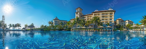 Front image of a big hotel. wide angle. sunny luxury hotel with a beach