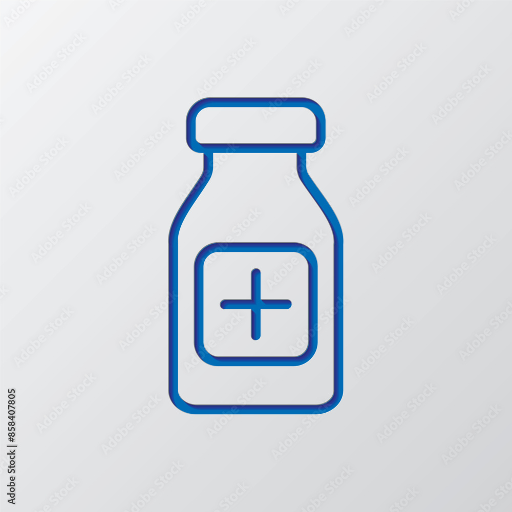 Vial bottle, vaccine simple icon vector. Flat design. Paper cut design. Cutted blue symbol with shadow. Gray background Vial bottle, vaccine simple icon vector. Flat design. Paper cut design. Cutted blue symbol with shadow. Gray background