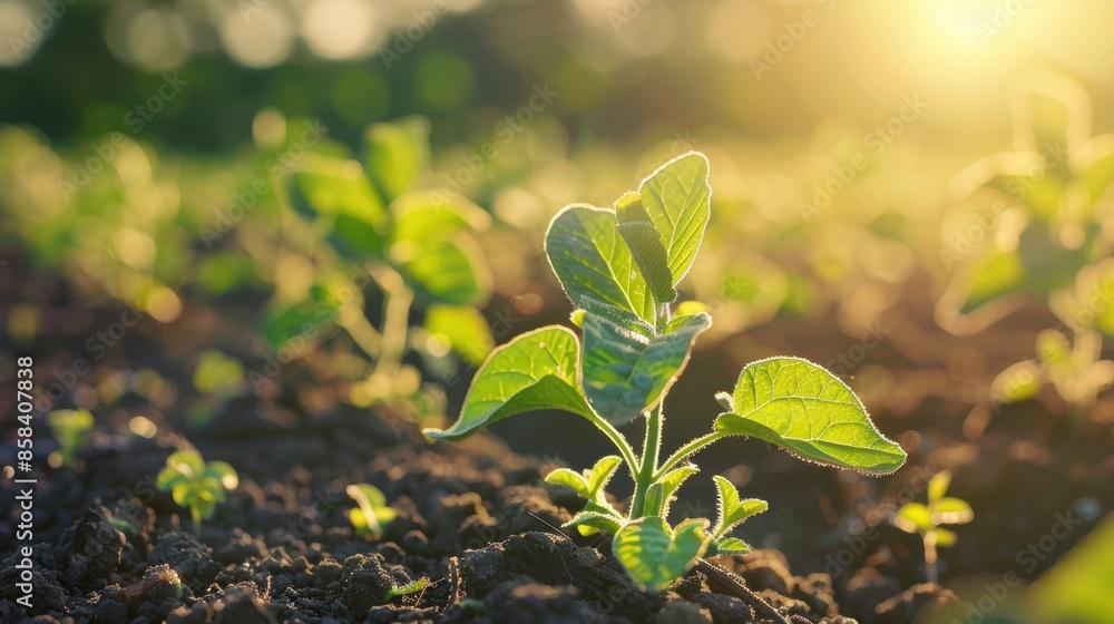 A young plant reaches for the sun in a field at dawn A young plant reaches for the sun in a field at dawn