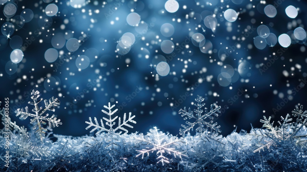 Crystal ice snowflakes falling against a dark blue background Crystal ice snowflakes falling against a dark blue background