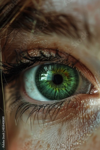 A close-up shot of a person's eye with a distinctive green color photo