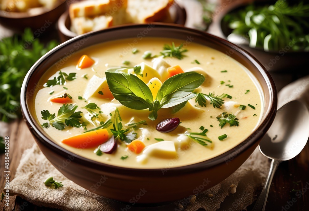 delicious creamy soup bowl, texture, savory, broth, comforting, meal, appetizing, warm, tasty, recipe, flavorful, blend, aromatic, hearty, serving delicious creamy soup bowl, texture, savory, broth, comforting, meal, appetizing, warm, tasty, recipe, flavorful, blend, aromatic, hearty, serving