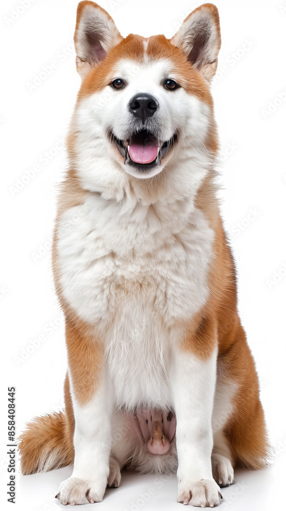 A friendly dog with a white belly and brown fur is sitting on a white background A friendly dog with a white belly and brown fur is sitting on a white background