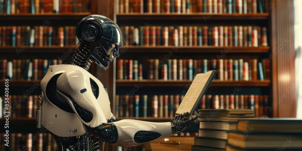 A robot sitting at a table with a book, perfect for illustrations about artificial intelligence, technology, and education A robot sitting at a table with a book, perfect for illustrations about artificial intelligence, technology, and education
