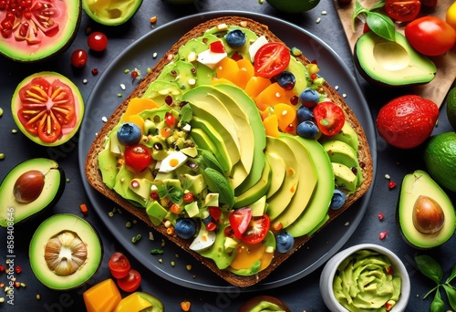 fresh avocado toast colorful toppings plate, healthy, breakfast, brunch, delicious, nutritious, food, meal, ripe, ingredients, sliced, presentation, vibrant photo