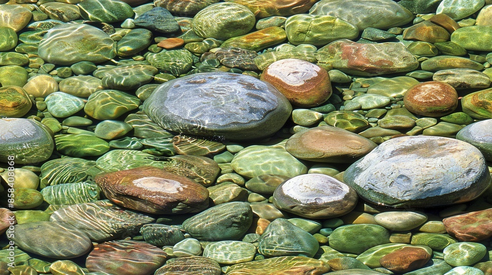 A cluster of boulders resting beside one another atop a lake of multicolored stones A cluster of boulders resting beside one another atop a lake of multicolored stones