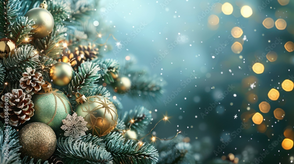A Christmas tree with many ornaments, including a large green ball A Christmas tree with many ornaments, including a large green ball