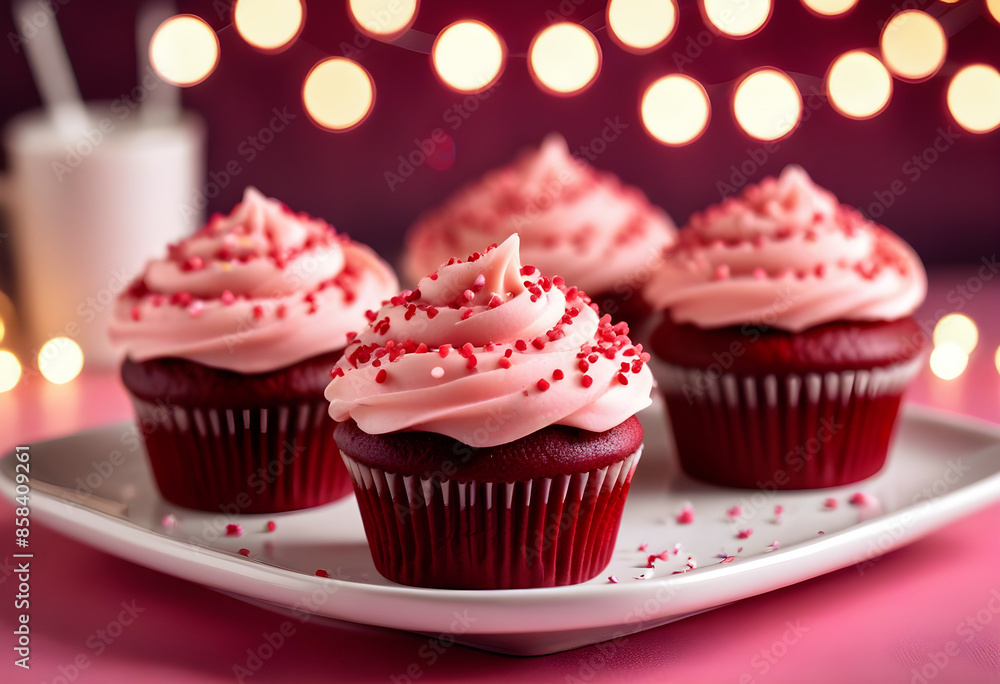 Red velvet cupcake with pink frosting and sprinkles, bokeh lighting background Red velvet cupcake with pink frosting and sprinkles, bokeh lighting background