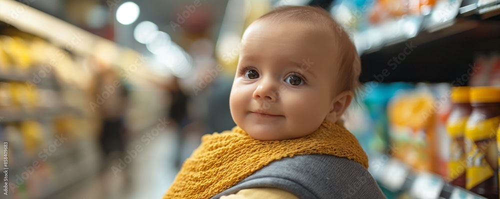 A curious baby dressed in a yellow scarf is observing the surroundings in a grocery store. Shelves filled with various products stretch out in the background. A curious baby dressed in a yellow scarf is observing the surroundings in a grocery store. Shelves filled with various products stretch out in the background.