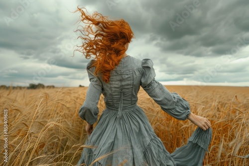 A woman with striking red hair walks through a golden wheat field, perfect for editorial or commercial use