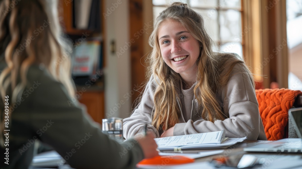 A girl is sitting at a table with a book in front of her A girl is sitting at a table with a book in front of her