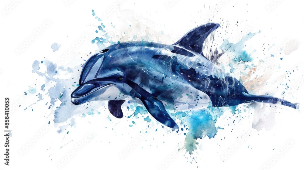 A colorful illustration of a dolphin jumping out of the water, with waves and sea spray in the background A colorful illustration of a dolphin jumping out of the water, with waves and sea spray in the background