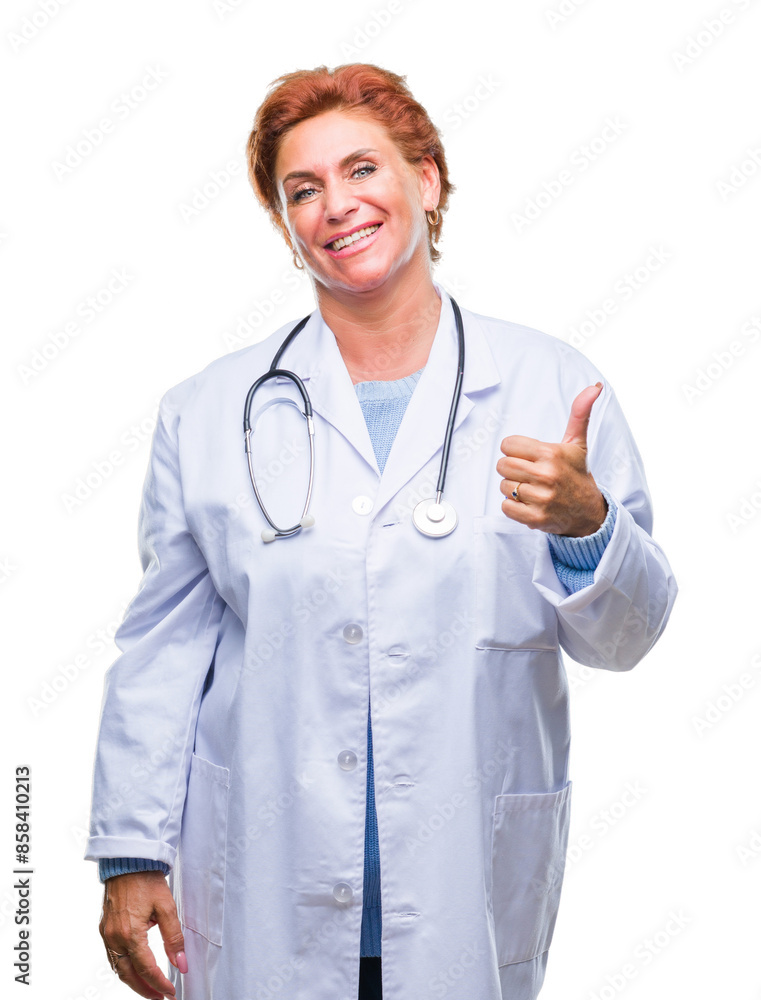 Senior caucasian doctor woman wearing medical uniform over isolated background doing happy thumbs up gesture with hand. Approving expression looking at the camera with showing success. Senior caucasian doctor woman wearing medical uniform over isolated background doing happy thumbs up gesture with hand. Approving expression looking at the camera with showing success.