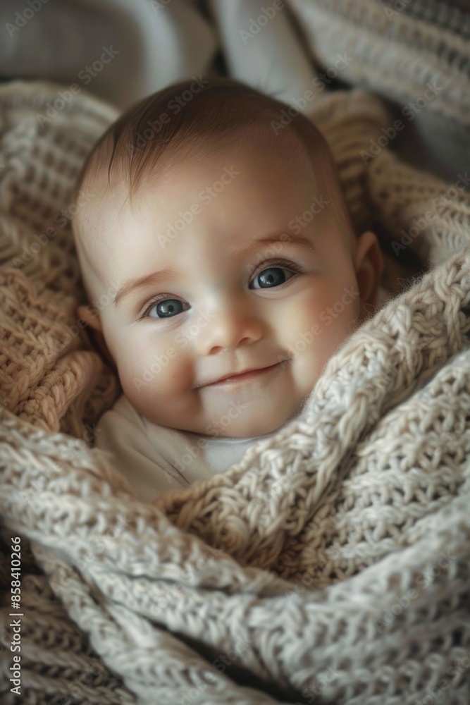 A smiling baby snugly wrapped in a blanket lies on a bed, perfect for nursery or family photography A smiling baby snugly wrapped in a blanket lies on a bed, perfect for nursery or family photography
