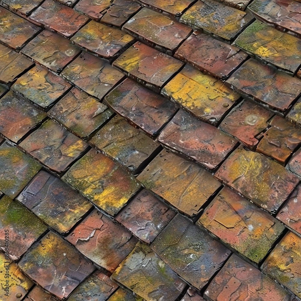 A close-up of a yellow and red painted brick roof with a green moss patch A close-up of a yellow and red painted brick roof with a green moss patch