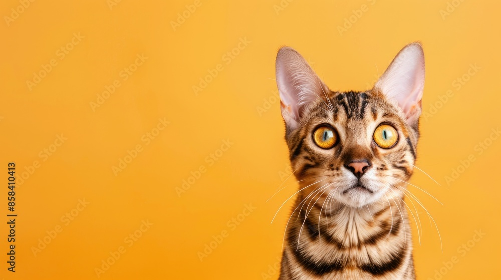 Amusing image of Bengal cat glaring at camera on orange backdrop with space for text Amusing image of Bengal cat glaring at camera on orange backdrop with space for text