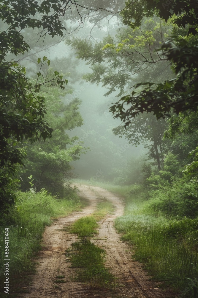 Obraz premium A dirt road winding through a dense forest, surrounded by trees and underbrush