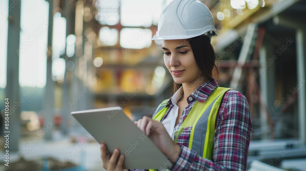 A confident female architect or engineer using a tablet to oversee construction progress, with a copy space background perfect for adding company logos or branding A confident female architect or engineer using a tablet to oversee construction progress, with a copy space background perfect for adding company logos or branding