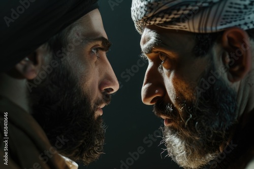 Close-up photo of two men standing opposite each other, looking directly at the camera