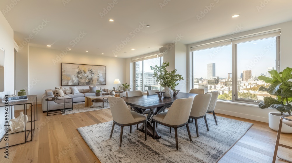 Fototapeta premium A large open living room with a dining table and chairs