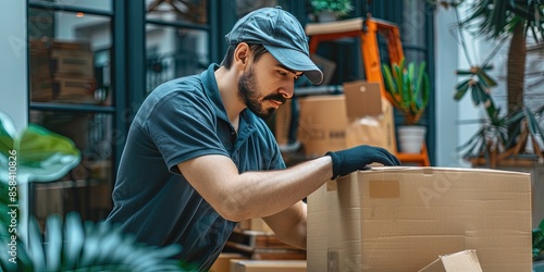 relocation company worker is packing things into boxes for a customer
