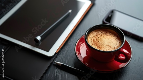 Digital tablet with stylus coffee cup and smartphone on black table photo