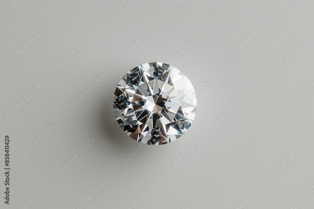 A solitary diamond rests on a clean white surface, ideal for use in jewelry or luxury branding A solitary diamond rests on a clean white surface, ideal for use in jewelry or luxury branding