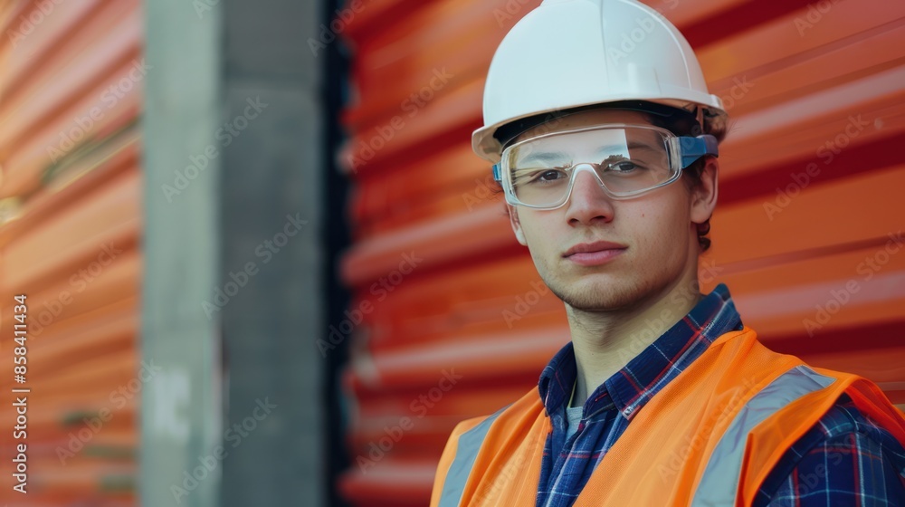 A confident young man wearing a hardhat and safety goggles, with a copy space background ideal for adding text or graphics related to construction or engineering A confident young man wearing a hardhat and safety goggles, with a copy space background ideal for adding text or graphics related to construction or engineering