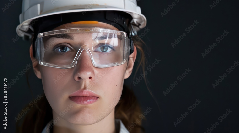 A confident young woman wearing a hardhat and safety goggles, with a copy space background ideal for adding text or graphics related to construction or engineering A confident young woman wearing a hardhat and safety goggles, with a copy space background ideal for adding text or graphics related to construction or engineering