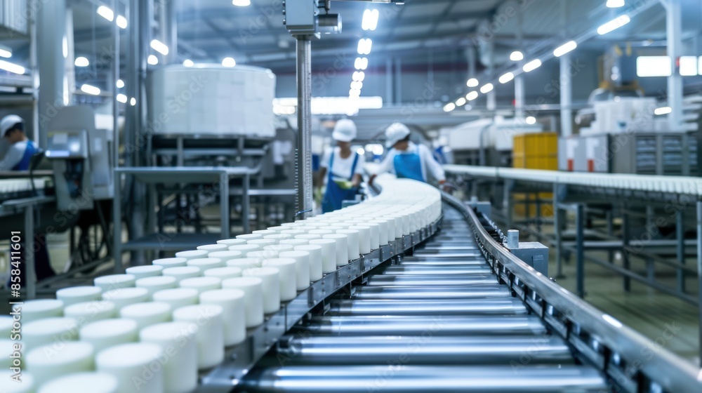 A conveyor belt in a food packaging factory, showcasing automated production processes with workers overseeing operations A conveyor belt in a food packaging factory, showcasing automated production processes with workers overseeing operations