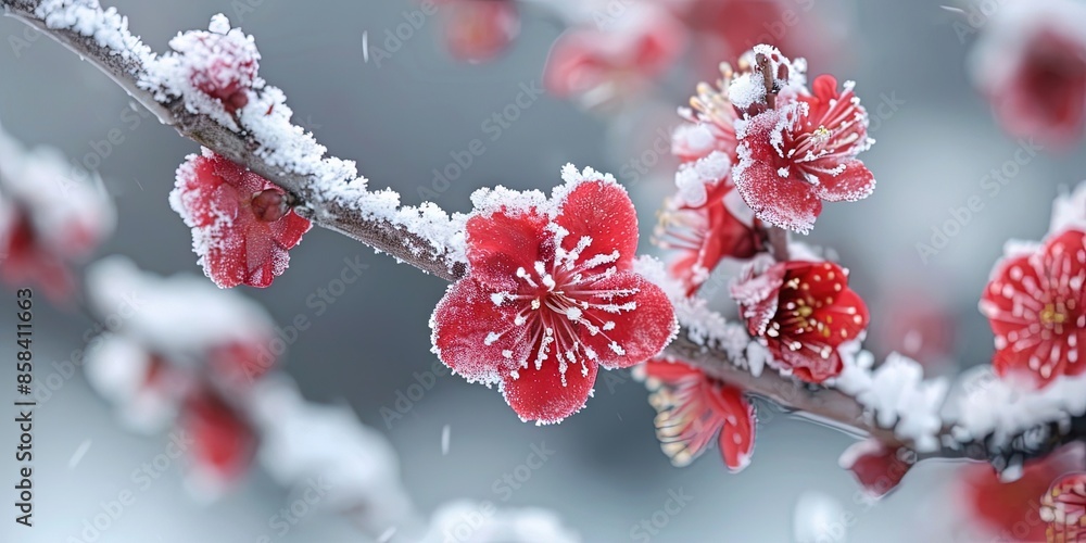 Red plum blossoms blooming, covered in white snow