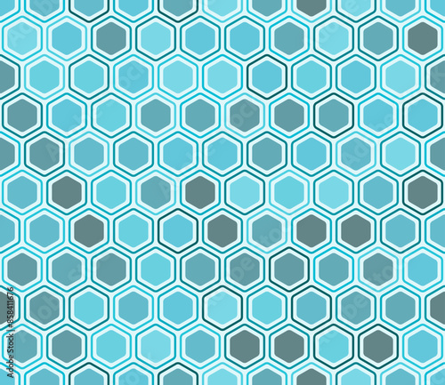 Seamless hexagon pattern. Bold rounded hexagons mosaic pattern with inner solid cells. Cyan color tones. Hexagonal shapes. Tileable pattern. Seamless vector illustration.