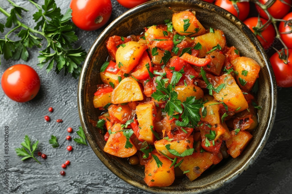 Top view of homemade vegetable stew with fresh parsley in a rustic bowl Top view of homemade vegetable stew with fresh parsley in a rustic bowl