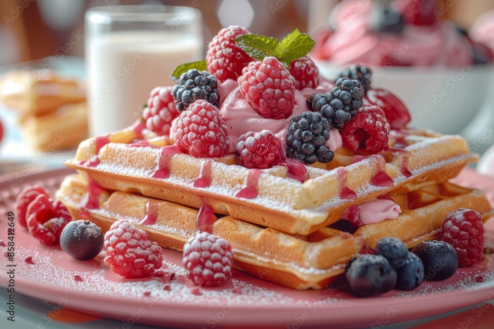 Delicious fresh waffles with berries and cream on a plate viewed from above Delicious fresh waffles with berries and cream on a plate viewed from above