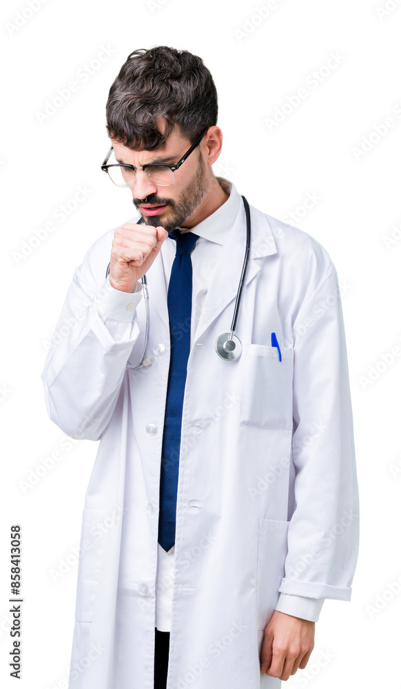 Young doctor man wearing hospital coat over isolated background feeling unwell and coughing as symptom for cold or bronchitis. Healthcare concept. Young doctor man wearing hospital coat over isolated background feeling unwell and coughing as symptom for cold or bronchitis. Healthcare concept.