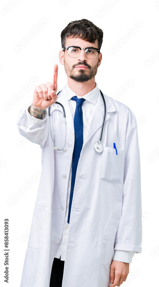 Young doctor man wearing hospital coat over isolated background Pointing with finger up and angry expression Young doctor man wearing hospital coat over isolated background Pointing with finger up and angry expression